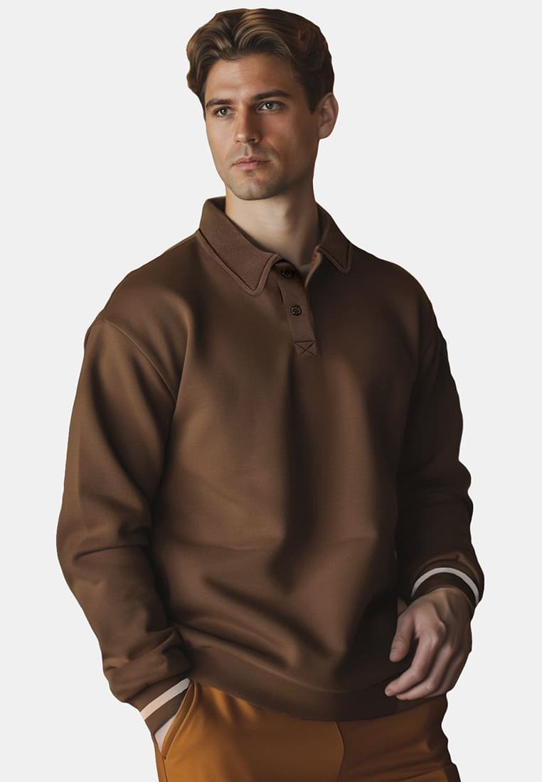 Brown Oversize/Wide Cut Buttoned Polo Collar Thick Polar Fleece Sweatshirt TMNAW24SW00107
