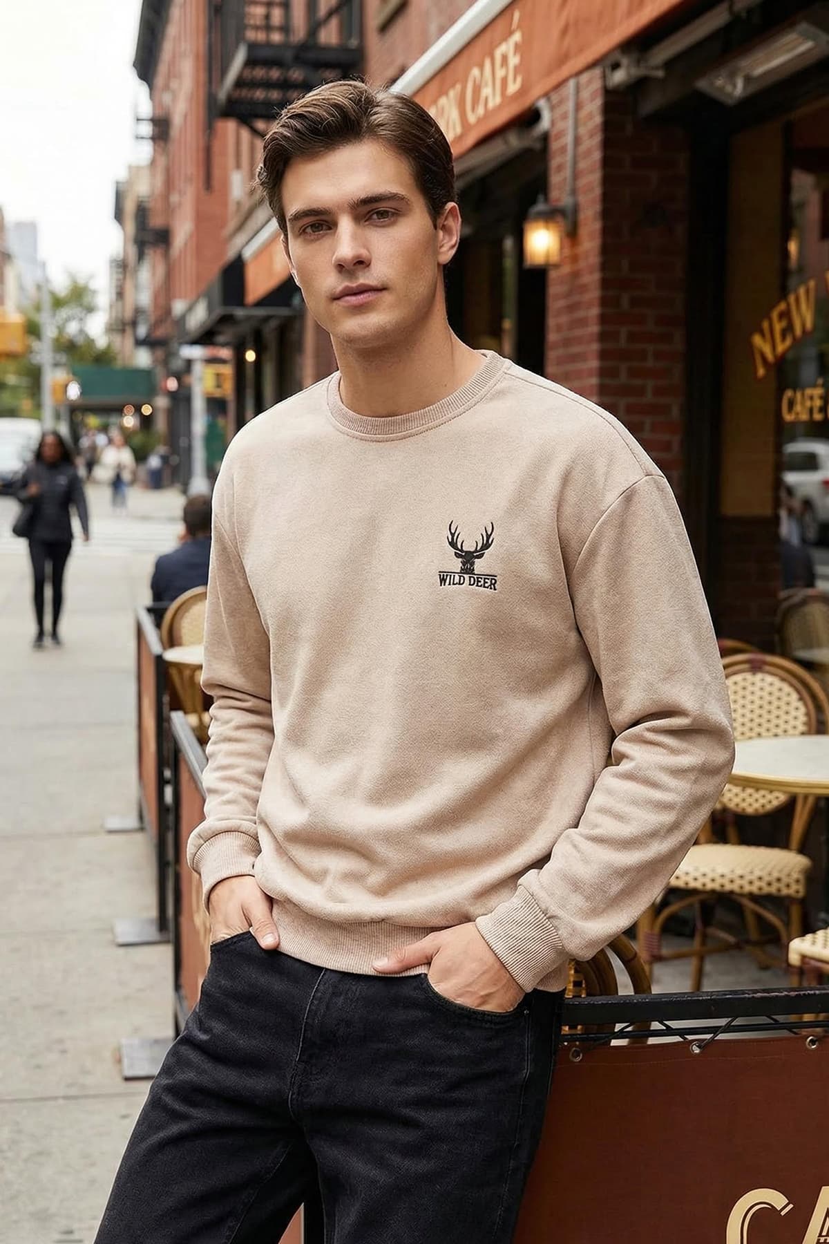 Beige Oversize/Wide Cut Long Sleeve Animal Embroidered Sweatshirt TMNAW24SW00164